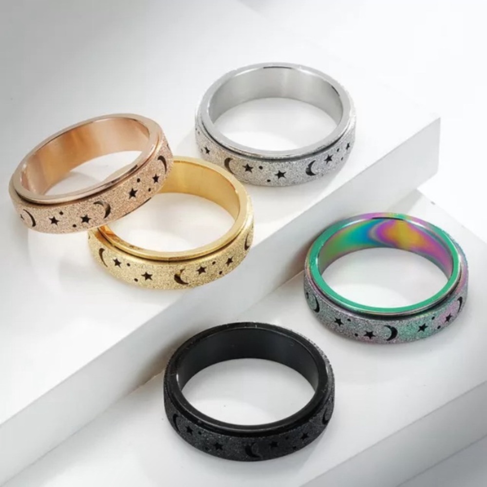NWT Moon Star Sun Rotating Stainless Steel Fidget Worry Rings Various Sizes